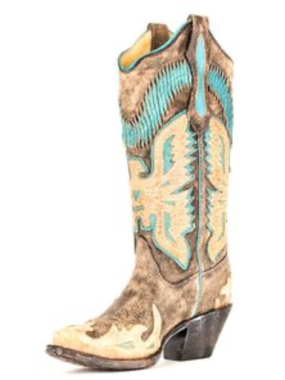 Vintage Turquoise & Tan Embroidered Corral Western Cowboy Boots